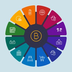 hotel, sports, shopping, travel Infographic Circle outline Icons Set. Contains such Icons as bed,  exit,  home,  pillow,  tropical,  sign,  sexy,  concept, room and more. Fully Editable. Pixel Perfect