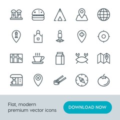 Modern Simple Set of food, location, drinks Vector outline Icons. Contains such Icons as coffee, summer,  pointer,  camp,  cup,  fish, salt and more on white background. Fully Editable. Pixel Perfect.