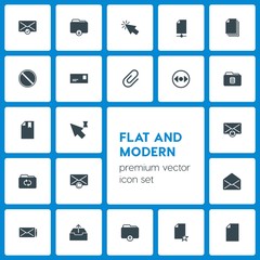 Modern Simple Set of folder, cursors, files, email Vector fill Icons. Contains such Icons as  domino,  data,  internet,  arrow,  email,  send and more on dark background. Fully Editable. Pixel Perfect