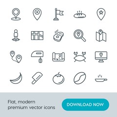 Modern Simple Set of food, location, drinks Vector outline Icons. Contains such Icons as kitchen,  cooking, banana, location,  kitchen, map and more on white background. Fully Editable. Pixel Perfect.