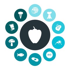 food, nature, drinks Infographic Colorful fill Icons Set. Contains such Icons as  nature,  edible,  landscape,  sky,  vegetable, garbage, landscape,  bin, sweet and more. Fully Editable. Pixel Perfect