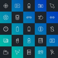 Modern Simple Set of mobile, video, photos, cursors Vector outline Icons. Contains such Icons as  caption,  sign, video,  film and more on dark and gradient background. Fully Editable. Pixel Perfect.