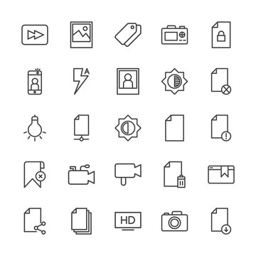 Modern Simple Set of video, photos, bookmarks, files Vector outline Icons. Contains such Icons as  lock,  dslr,  pocket,  quality,  photo and more on white background. Fully Editable. Pixel Perfect.