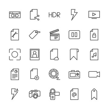 Modern Simple Set of video, photos, bookmarks, files Vector outline Icons. Contains such Icons as  background, internet,  flash,  document and more on white background. Fully Editable. Pixel Perfect.