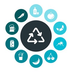 food, nature, drinks Infographic Colorful fill Icons Set. Contains such Icons as  alcohol,  spicy,  drink, recycle,  soda, cherry,  sun,  food, glass,  ripe and more. Fully Editable. Pixel Perfect