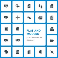 Modern Simple Set of folder, cursors, files, email Vector fill Icons. Contains such Icons as  web,  attach,  heart,  data,  update,  computer and more on dark background. Fully Editable. Pixel Perfect