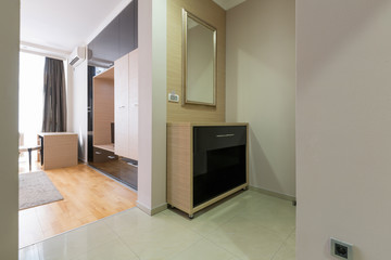 Corridor with closet in hotel room