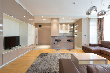 Interior of a modern open plan hotel apartment, living room