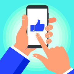 Hand holding black mobile phone isolated on blue background. Smartphone in human's hand with like thumb up icon sign and pointer finger touch the screen flat design vector illustration. OK symbol.