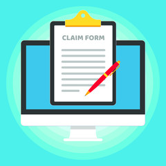 Monitor or All in one pc flat design with clipboard and claim form popped above the screen icon signs vector illustration. Technology concept of online survey isolated on blue background.