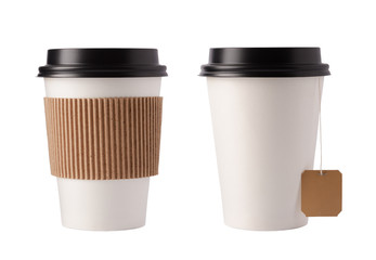 Two white paper cup with black top and label for coffee and tea. Isolated on white background.