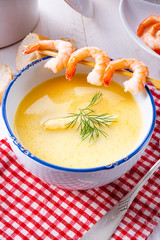 rustic asparagus soup with shrimp skew and diel