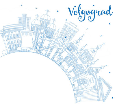 Outline Volgograd Russia City Skyline with Blue Buildings and Copy Space.