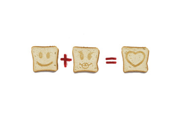 Slice of a toast a boy plus A slice of a toast a girl is equal to Love. On a white background