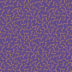 Stylish 1980s abstract memphis seamless pattern. Trendy minimal texture with orange wavy line and dot on violet background. Vector illustration in neo memphis art style for poster template.