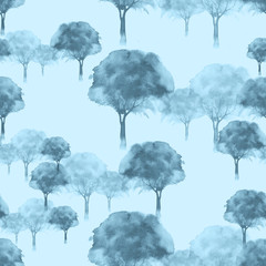 Watercolor seamless pattern with vintage pattern. Silhouette of a tree, bush, forest. Beautiful, fashionable pattern for wallpaper, fabrics,  design. 
Blue, winter, night trees