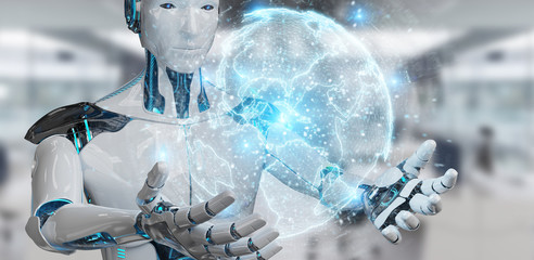 White humanoid using globe network hologram with Europe map 3D rendering