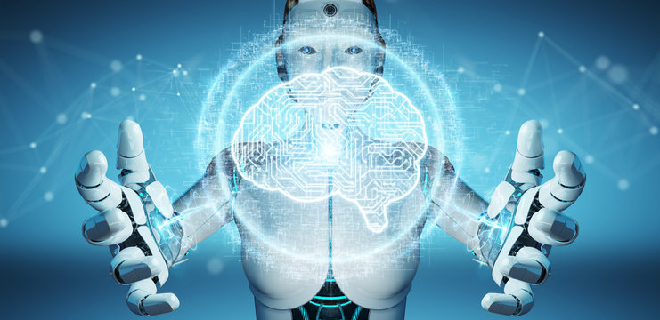 White humanoid woman using digital artificial intelligence icon hologram 3D rendering