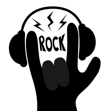 Rock music. Headphones lightning light. Rock&roll hand finger black silhouette shape icon. Heavy metal gesture horns sign symbol. Flat design. Isolated. White background.