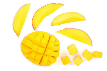 half of Mango fruit isolated on white background close-up. Top view. Flat lay