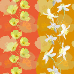  Vector seamless floral pattern of yellow poppies on a red background white daffodils on a yellow background.
