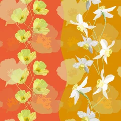 Gordijnen  Vector seamless floral pattern of yellow poppies on a red background white daffodils on a yellow background. © Valentina