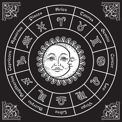 Zodiac circle with horoscope signs, sun and moon hand drawn vintage style vector illustration design.