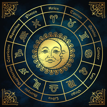 Zodiac circle with horoscope signs, sun and moon hand drawn vintage style vector illustration design.