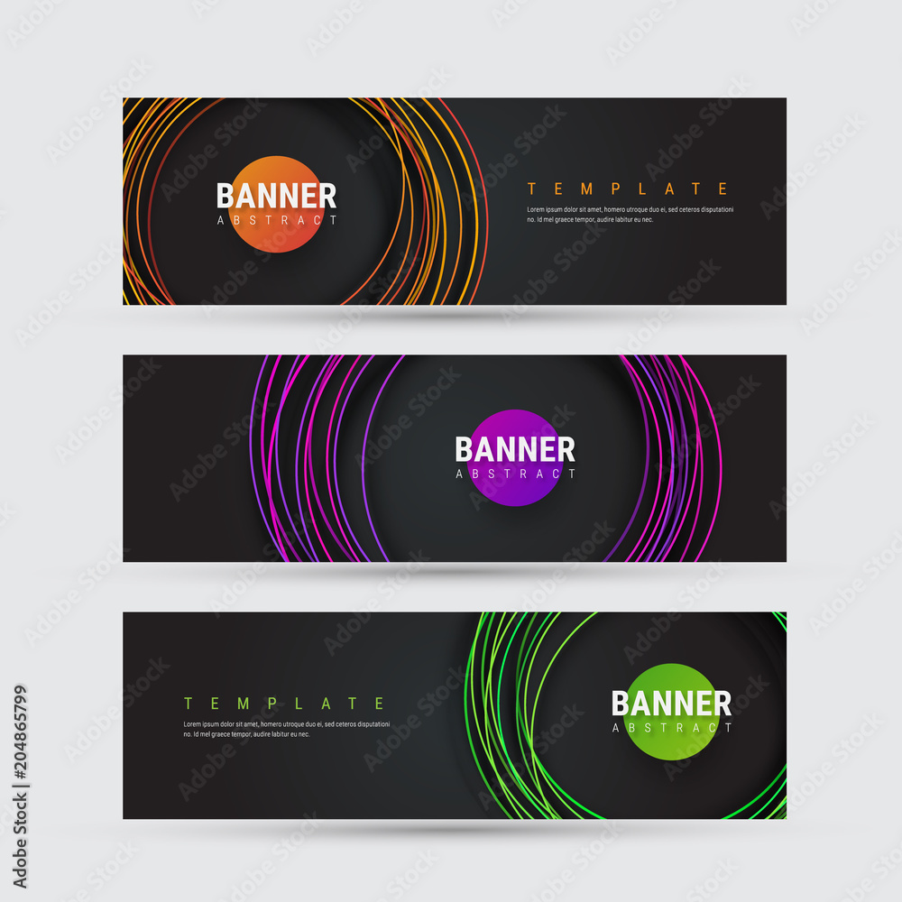 Poster Template of black vector banner with round multicolored lines with shadow.