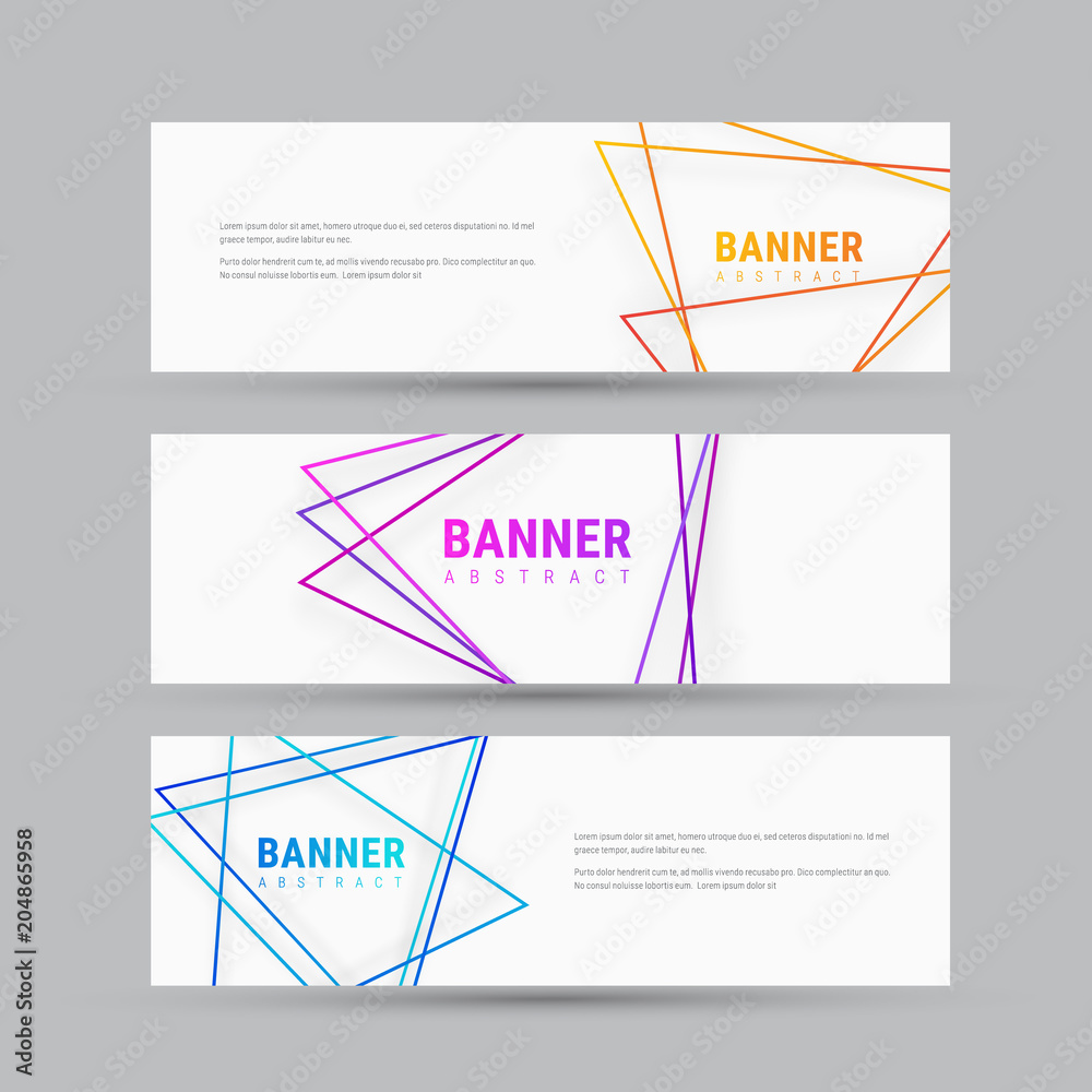 Poster design of white horizontal banners with abstract triangles.