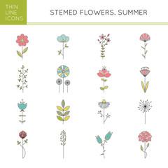 Set of stem flower line icons