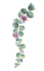 Watercolor vector wreath with green eucalyptus leaves, purple flowers and branches.