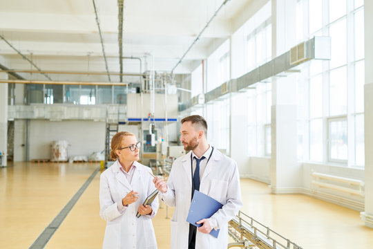 Bearded middle-aged technologist wearing white coat explaining details of production process to female inspector while walking along spacious dairy factory