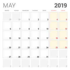 Calendar planner for May 2019. Week starts on Monday. Printable vector stationery design template