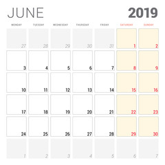 Calendar planner for June 2019. Week starts on Monday. Printable vector stationery design template