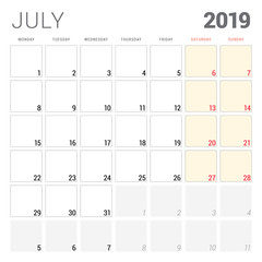 Calendar planner for July 2019. Week starts on Monday. Printable vector stationery design template