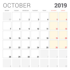 Calendar planner for October 2019. Week starts on Monday. Printable vector stationery design template