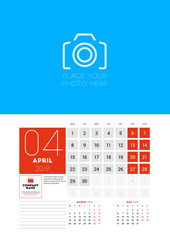 Wall calendar planner template for April 2019. Week starts on Monday. Vector illustration