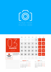 Wall calendar planner template for March 2019. Week starts on Monday. Vector illustration