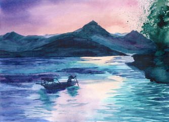 Hand drawn watercolor background with illustration. Landscape with beautiful morning sky, Mountains and fisher's boat on water of river.