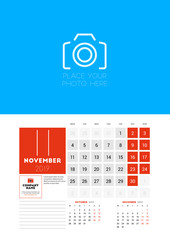 Wall calendar planner template for November 2019. Week starts on Monday. Vector illustration