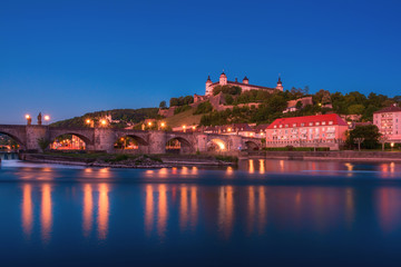 Beautiful stunning view of Wurzburg Old Main Bridge over the Main river and the Castle in the Old...