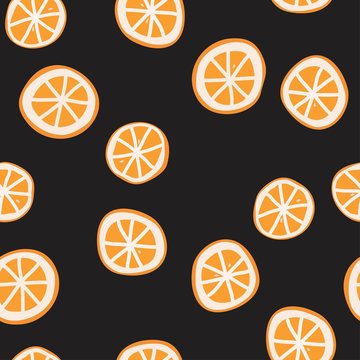 A picture with orange slices on a black background. Seamless Pattern