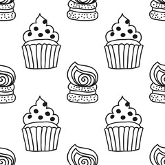 Cakes, sweet dessert. Black and white seamless pattern for coloring book or page.