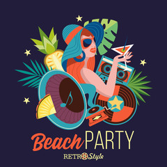 Beach party. Retro music. Vector illustration.