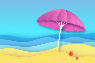 Fototapeta na wymiar Pink parasol in paper cut style. Origami Empty sea and beach background with copy space