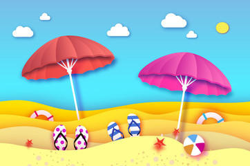 Red and pink parasol - umbrella in paper cut style. Origami sea and beach with lifebuoy. Sport ball game. Clouds. Flipflops shoes. Vacation and travel concept.