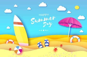 Surfboard. Pink parasol - umbrella in paper cut style. Origami sea and beach with lifebuoy. Sport ball game. Flipflops shoes. Vacation and travel concept. Summertime.