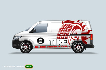 Tire center. Delivery van template. With advertise, editable layout.