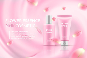 Pink cosmetic poster template with realistic skin care bottle and tube on a pink abstract background with flower petals